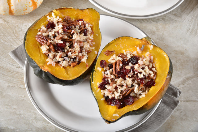 Recipe: Vegan Pecan Wild Rice Stuffed Acorn Squash