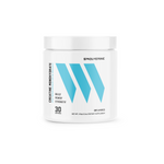 Supplement container with blue and black design on a white background