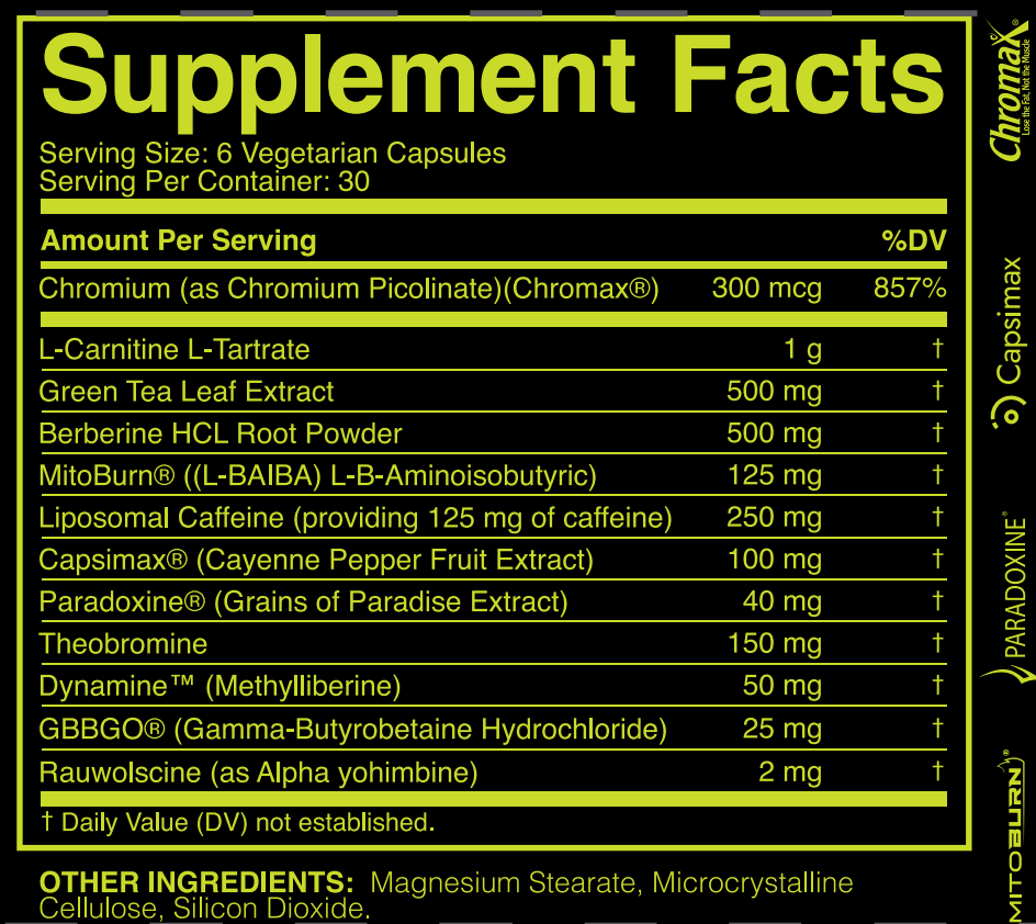 Supplement facts label with various ingredients and their amounts on a black background.