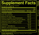 Supplement facts label with various ingredients and their amounts on a black background.